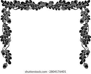 An oak tree leaves and acorns frame or border design element in a vintage woodcut etching illustration style.