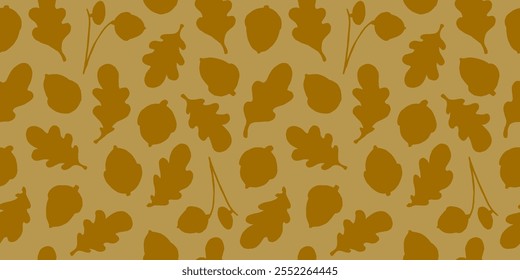 Oak tree leaves and acorns in silhouette seamless pattern. Autumn, fall season background. Simple forest, nature background. Fabric, paper, wallpaper design.