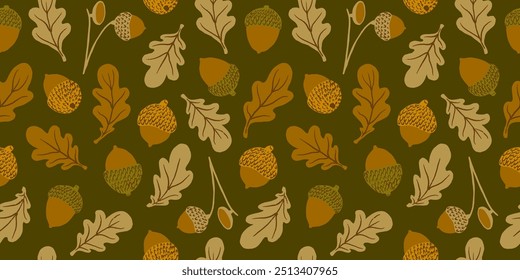 Oak tree leaves and cute acorns seamless pattern. Autumn, fall season wallpaper, background in autumnal, warm, cozy colours. Fabric, paper design.