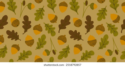 Oak tree leaves and cute acorns seamless pattern. Autumn, fall season wallpaper, background in autumnal, warm, cozy colours. Fabric, paper design.