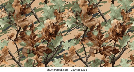 Oak tree leaves forest camouflage pattern. Hunting and military uniform. Hunting camouflage. Vector forest leaves texture. Digital camouflage. Woodland 