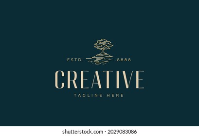 Oak Tree Line Logo Design. Abstract Tree Garden Art Icon Design Template with Soil Layer