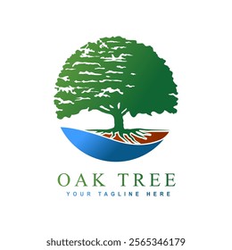 Oak tree logo design with river graphic shape for gardening, park, farming, village or conservation vector illustration