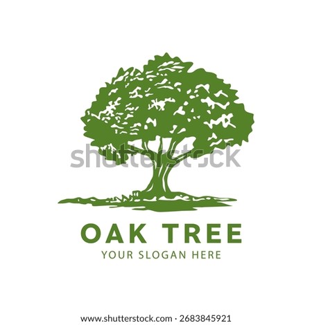 Oak tree logo design with river graphic shape for gardening, park, farming, village or conservation vector illustration