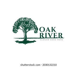 Oak Tree logo design vector template.tree and lake river water reflection