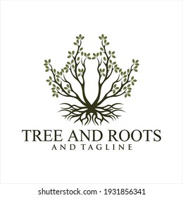 Oak tree logo illustration. Vector silhouette of a tree,Root Of The Tree logo illustration. Vector silhouette of a tree. 