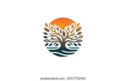 Logotipo del árbol del roble, silueta del roble, silueta del olivo, logotipo del árbol del círculo, Vector hermoso del árbol de la vida, belleza, crecimiento, fuerza, y buena salud, yoga, espiritual 
