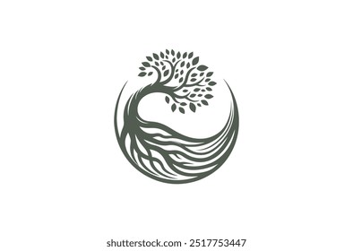 Eichenbaum-Logo, Eichensilhouette, Olivenbaum-Silhouette, Circle Tree Vektor-Logo schöner Baum-Symbol für Leben, Schönheit, Wachstum, Stärke und gute Gesundheit, Yoga, spirituell 

