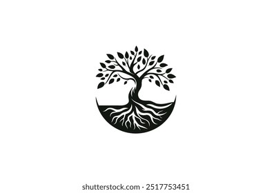 Oak tree logo, oak silhouette, olive tree silhouette, Circle Tree vector logo beautiful tree symbol of life, beauty, growth, strength, and good health, yoga, spiritual 
