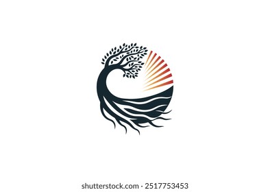 Oak tree logo, oak silhouette, olive tree silhouette, Circle Tree vector logo beautiful tree symbol of life, beauty, growth, strength, and good health, yoga, spiritual 
