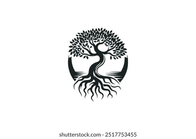 Oak tree logo, oak silhouette, olive tree silhouette, Circle Tree vector logo beautiful tree symbol of life, beauty, growth, strength, and good health, yoga, spiritual 
