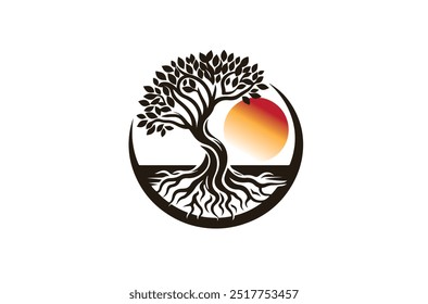 Oak tree logo, oak silhouette, olive tree silhouette, Circle Tree vector logo beautiful tree symbol of life, beauty, growth, strength, and good health, yoga, spiritual 
