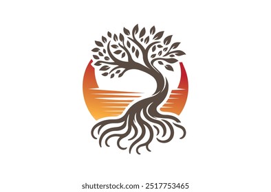 Logotipo del árbol del roble, silueta del roble, silueta del olivo, logotipo del árbol del círculo, Vector hermoso del árbol de la vida, belleza, crecimiento, fuerza, y buena salud, yoga, espiritual 
