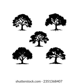 Eichenbaum-Logo-Vektorgrafik von Eichenbäumen Silhouetten Clip Art Natural Growth Plant Symbol, Environment forest element Symbol Sammlung Set