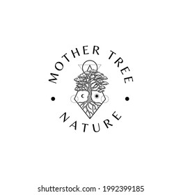 Naturaleza de árbol de roble con línea geométrica raíz Icono de plantilla de iluminación de vectores