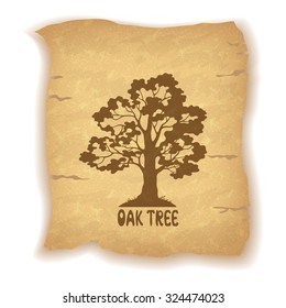 Oak Tree Pictogram Silhouette and the Inscription on the Vintage Background of an Old Sheet of Paper. Eps10, Contains Transparencies. Vector