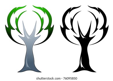 Oak tree rendered in two different tattoo color schemes