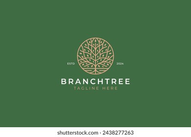 Oak Tree Root Branch Nature Plant Linear Geometric Abstract Logo Luxury Concept at Circle Shape 