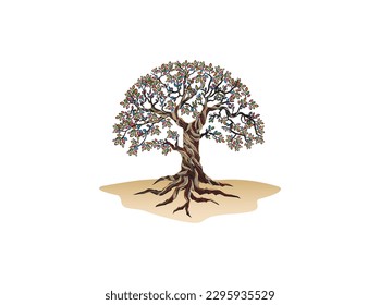 oak tree roots with colorful leaves, vector ilustrations