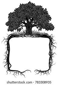 Oak Tree With Roots Frame. Artistic Banner And Page Design. Vintage Engraving Stylized Drawing. Vector Illustration