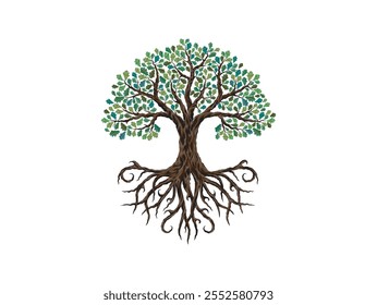 Oak Tree and roots vector, old tree with round shape