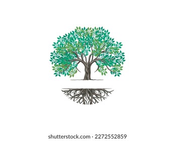 Oak Tree and roots vector, tree with round shape	