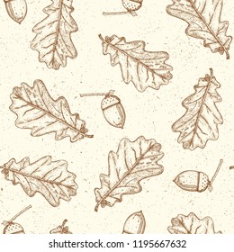 Oak tree seamless pattern with leave and acorn. Retro autumn vector background.