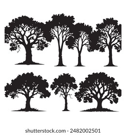 Conjunto de árbol de roble silueta negra arte de Clip de Vector