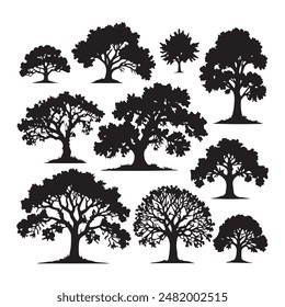 Oak tree set black silhouette vector Clip art