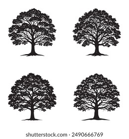 Oak tree set silhouette vector on white background