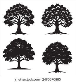 Conjunto de árbol de roble Vector de silueta sobre fondo blanco