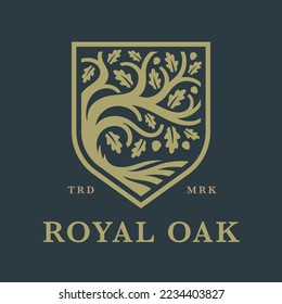 Oak tree shield logo icon. Royal crest nature brand emblem. Vector illustration.