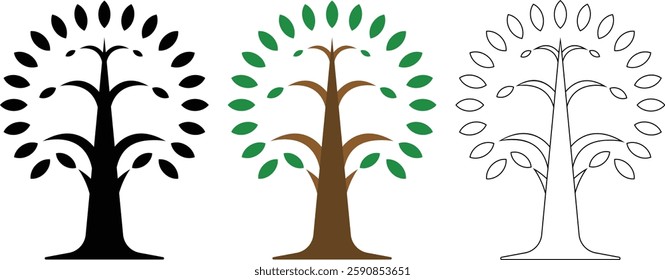 Oak tree silhouette and color vector, perfect for logos, icons, and nature-themed designs, illustration with clean lines, ideal for digital and print projects.