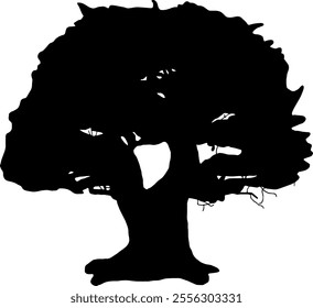 Oak tree silhouette isolated on transparent background. Vector illustration.