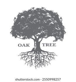 Oak Tree Silhouette with Roots spreading underground. Suitable for brands or organizations focused on sustainability, environment, education, or traditional values.