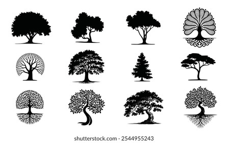 Oak Tree Silhouette. Tree Silhouettes Collection On White Background.