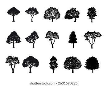 oak tree silhouettes set illustration