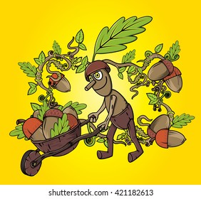 oak tree sprite harvesting accorns autumn season design 