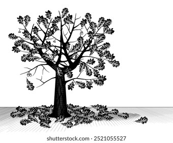 An oak tree standing alone on a smooth and flat surface, with fallen leaves. Vintage black and white engraved drawing. Vector illustration