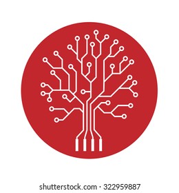 Oak tree stylized as an electronic circuit on red circle