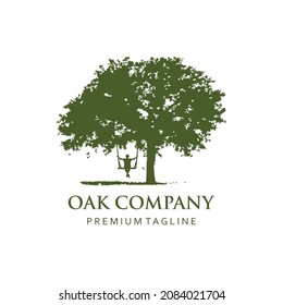 Oak tree and swing people logo illustration. Vector silhouette of a tree.