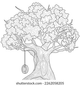 Oak tree and swing.Coloring book antistress for children and adults. Illustration isolated on white background.Zen-tangle style. Hand draw