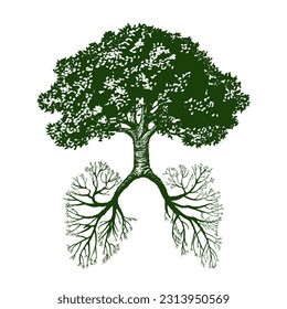 Oak tree with trunk and roots like human lungs, environment conservation symbol , vector illustration