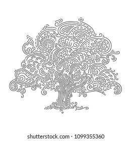 Oak tree, vector doodle.
Hand drawn black and white illustration of a majestic tree.
