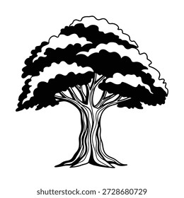 Silueta del Vector del árbol de roble, dibujo del arte de la línea de la planta forestal