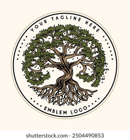 Oak Tree vintage logo family tree roots circle vintage illustration vector