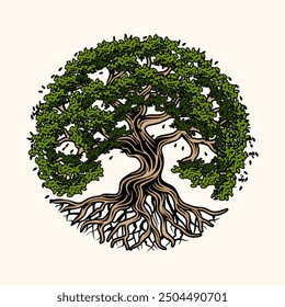 Oak Tree vintage logo Leaf Root Family Tree Oak Banyan Maple Stamp Emblem Label design vector