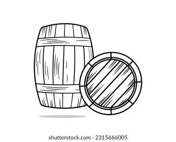 Barril de vino de roble o barril de fondo blanco. vista frontal. Contenedor sólido de madera para la elaboración de vino, proceso de envejecimiento. Ilustración del vector EPS10.