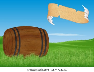 oak wooden barrel on the green grass. ribbon for writing from birch bark