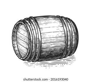 Oak Wooden Barrel Sketch. Hand Drawn Engraving Style. Vintage Vector Illustration